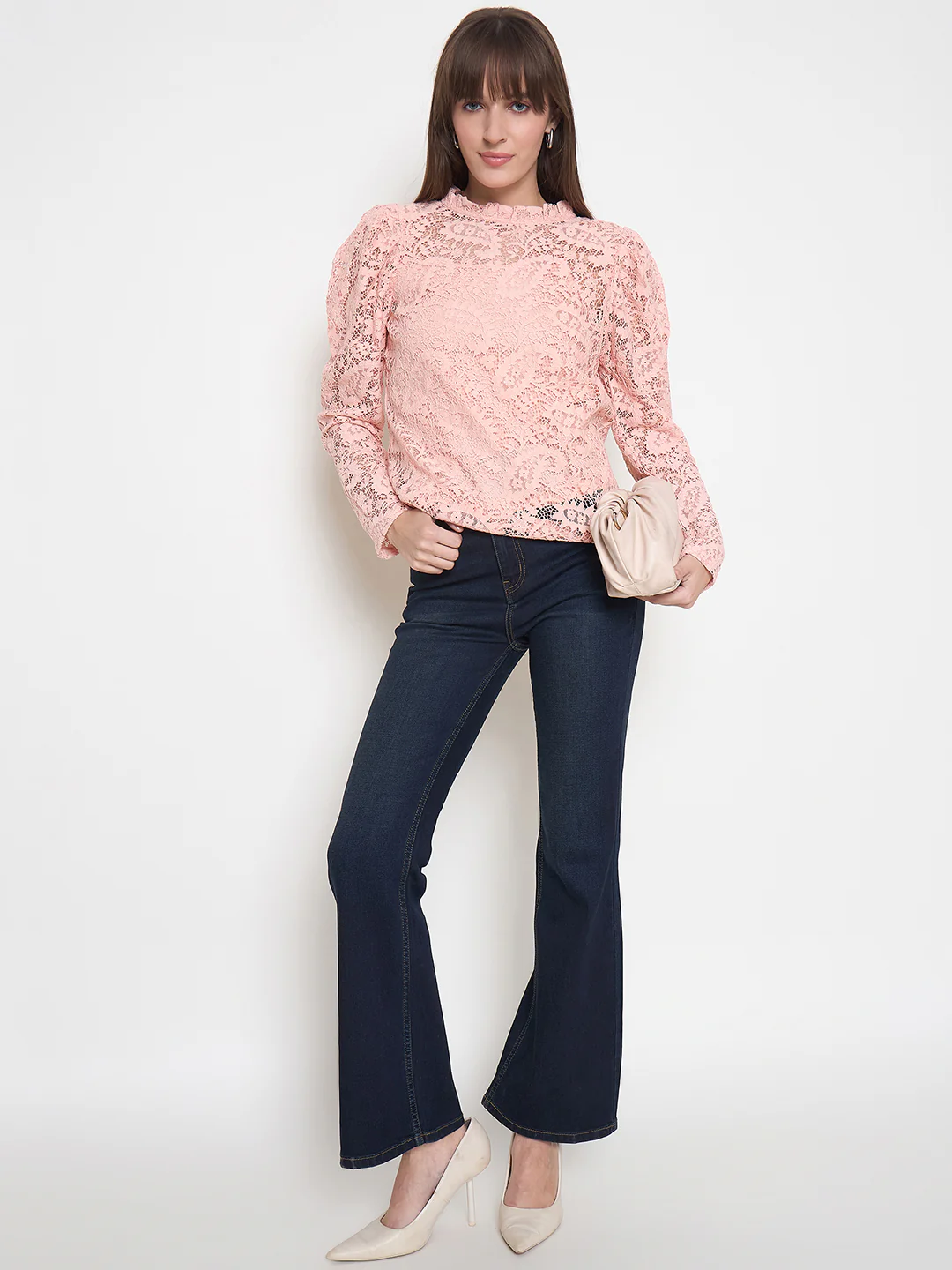Madame Laced Self Design Puff Sleeve Peach Top - Image 2