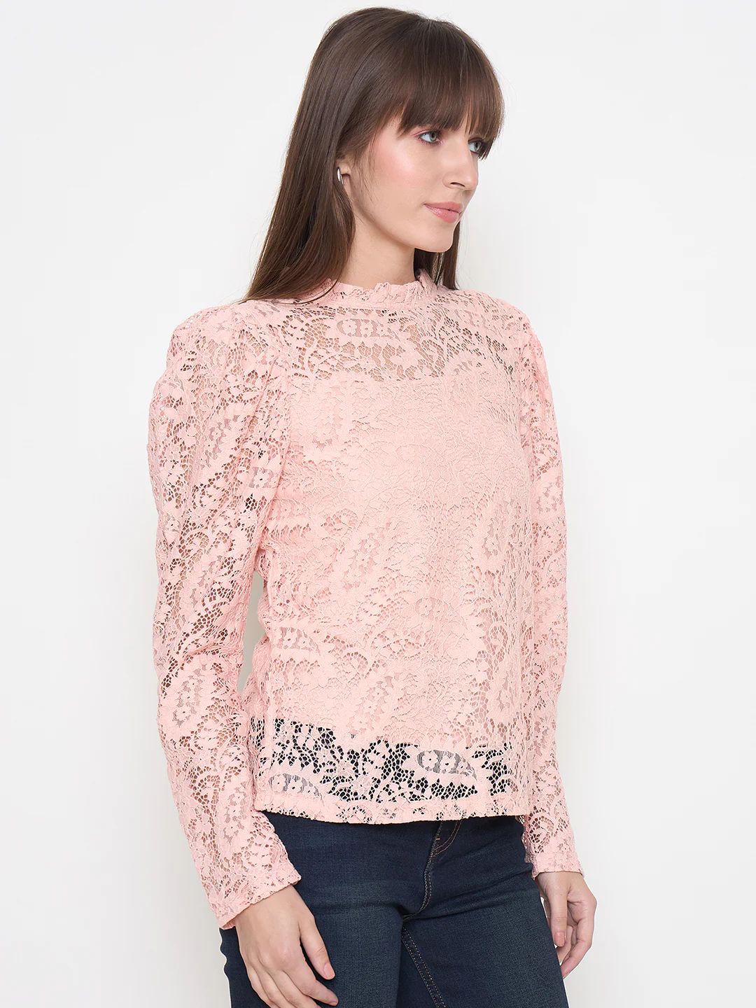 Madame Laced Self Design Puff Sleeve Peach Top - Image 4
