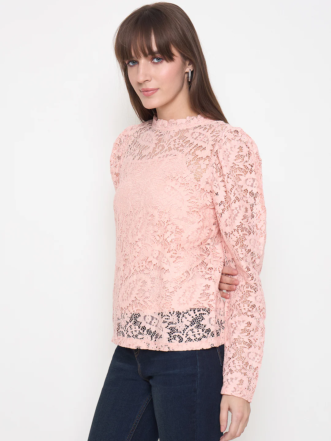 Madame Laced Self Design Puff Sleeve Peach Top - Image 5