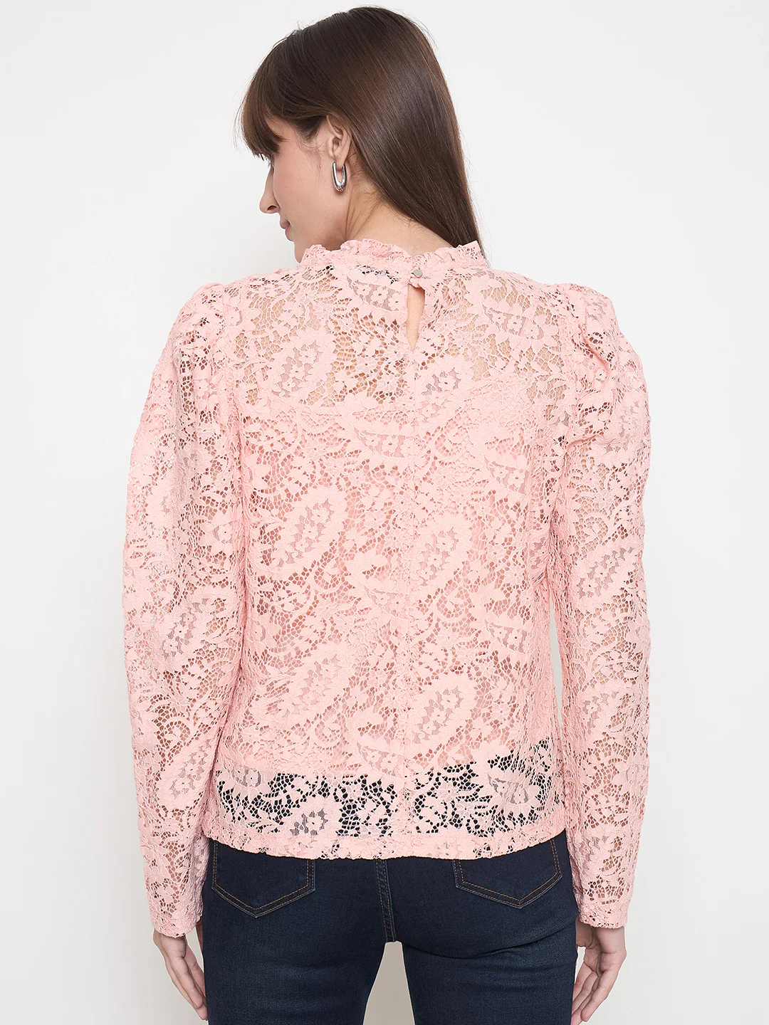 Madame Laced Self Design Puff Sleeve Peach Top - Image 6