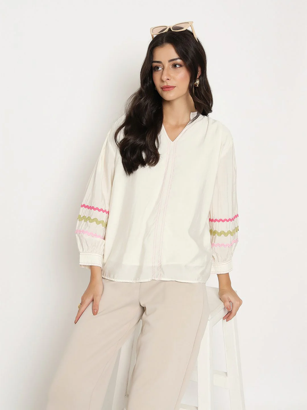 Madame Rayon Blend Dori Embroidered Off White Top