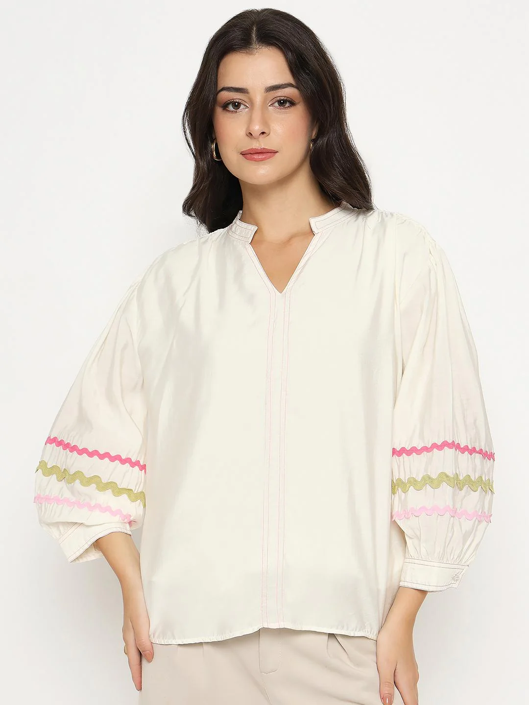Madame Rayon Blend Dori Embroidered Off White Top - Image 3