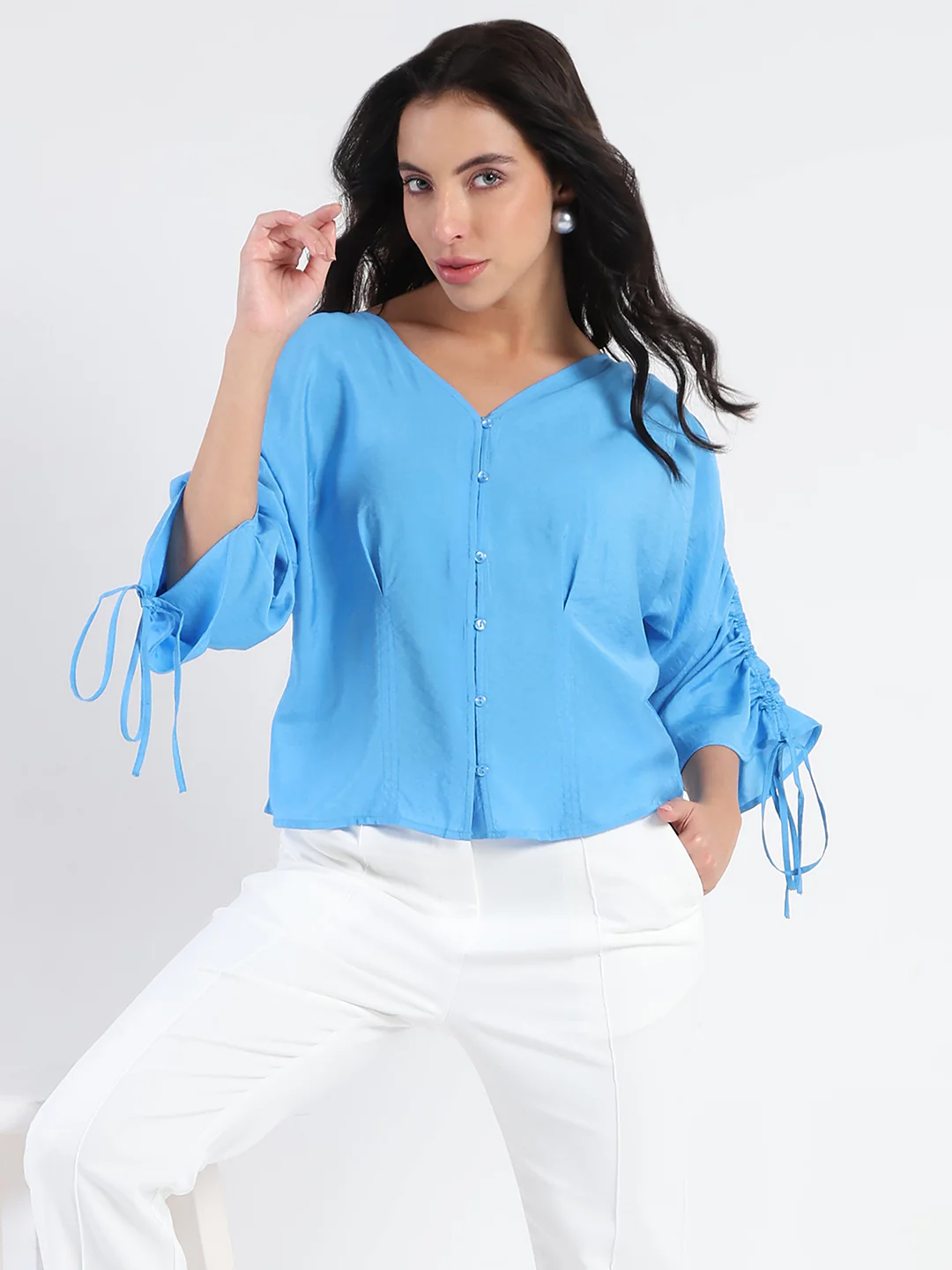 Madame Textured Ruched Sleeve Powder Blue Nylon Blend Top