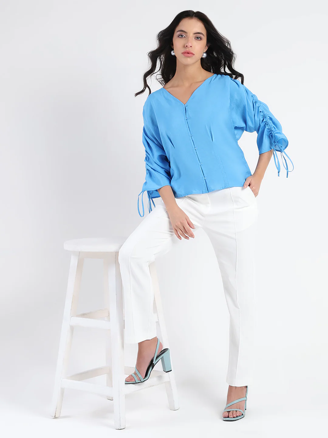 Madame Textured Ruched Sleeve Powder Blue Nylon Blend Top - Image 2