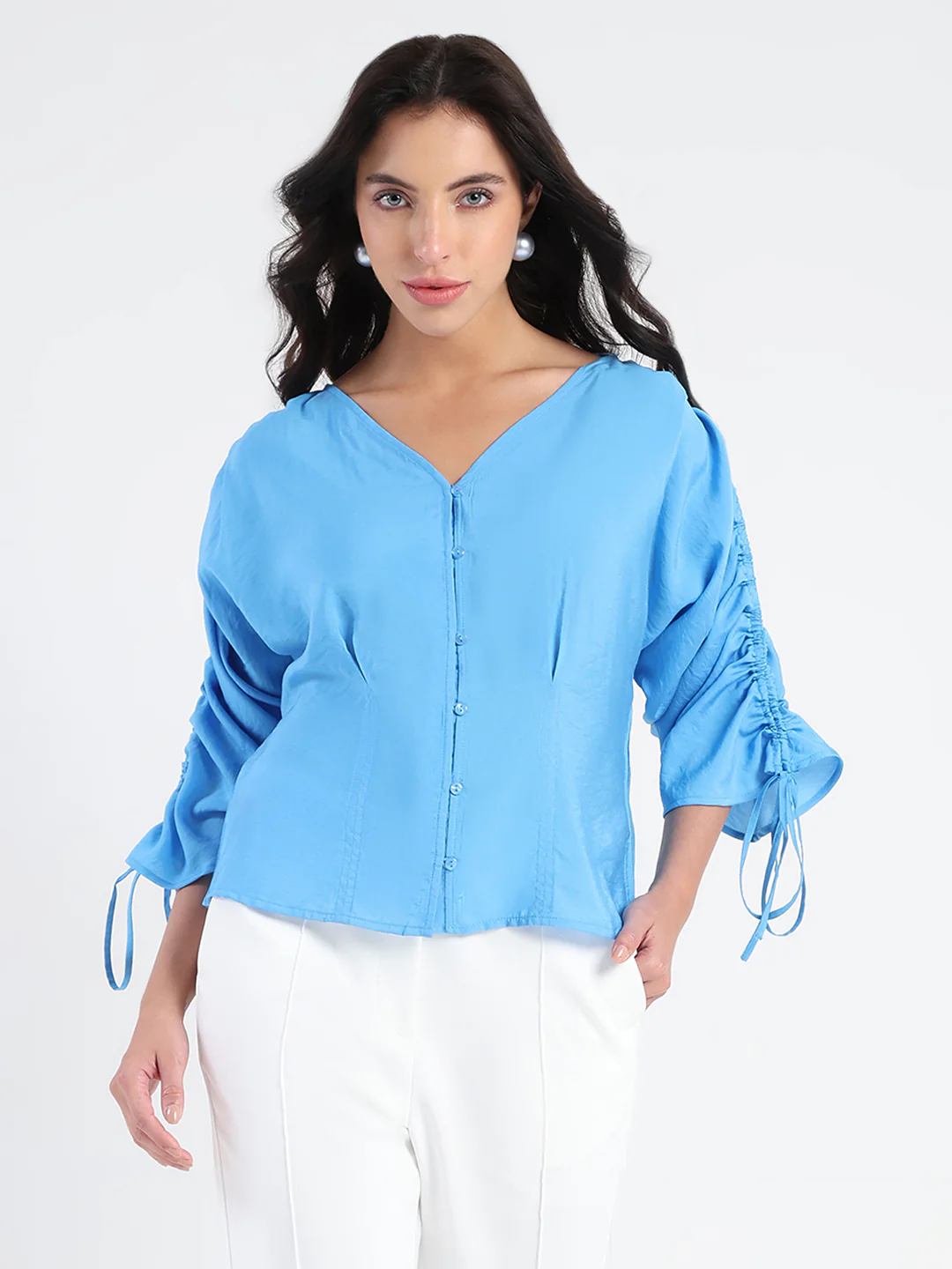 Madame Textured Ruched Sleeve Powder Blue Nylon Blend Top - Image 3