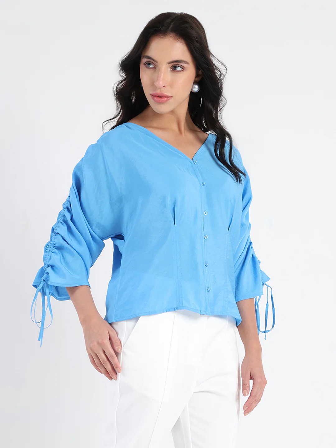 Madame Textured Ruched Sleeve Powder Blue Nylon Blend Top - Image 4