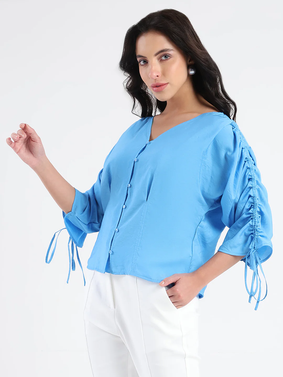 Madame Textured Ruched Sleeve Powder Blue Nylon Blend Top - Image 5