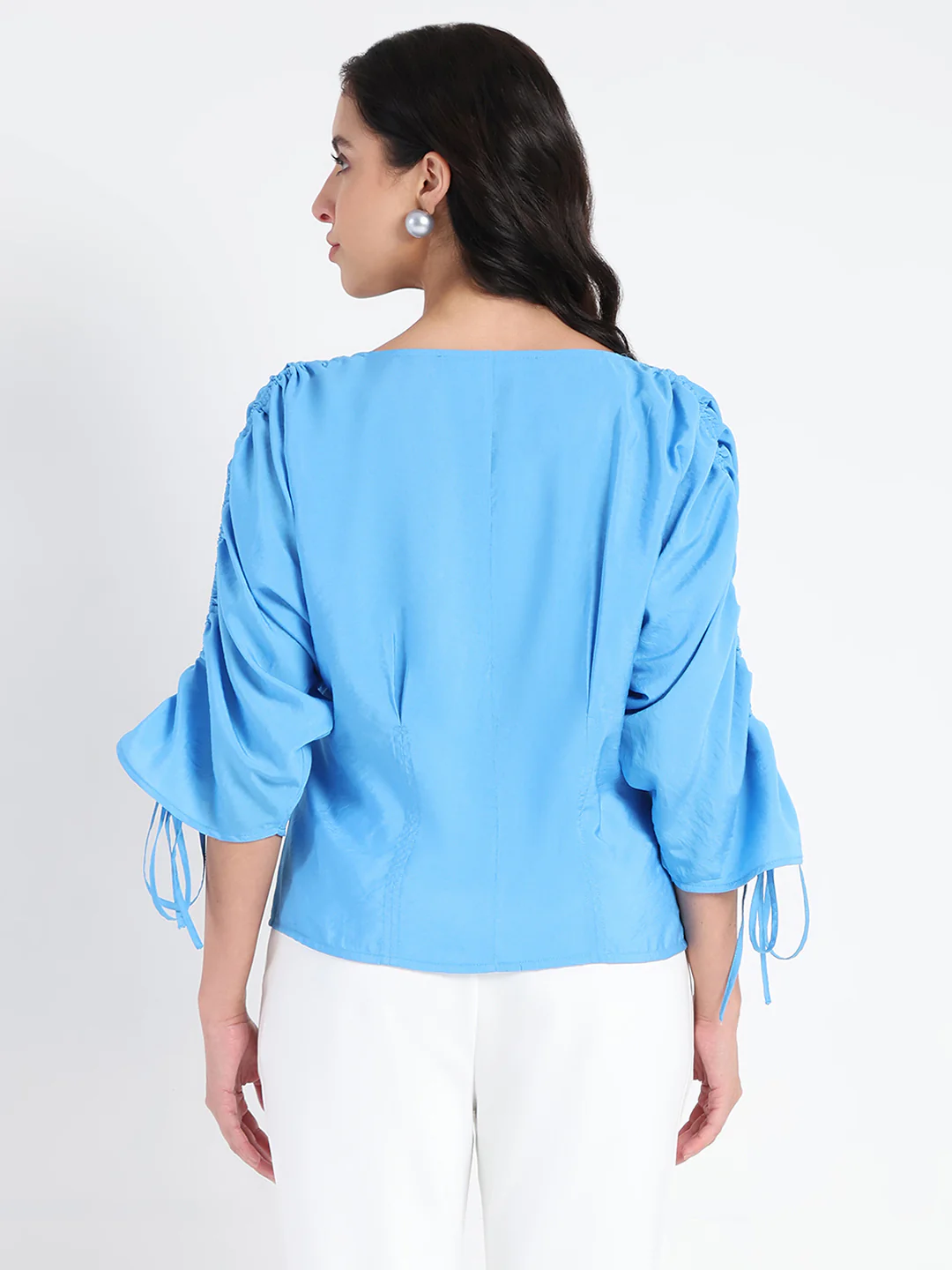 Madame Textured Ruched Sleeve Powder Blue Nylon Blend Top - Image 6