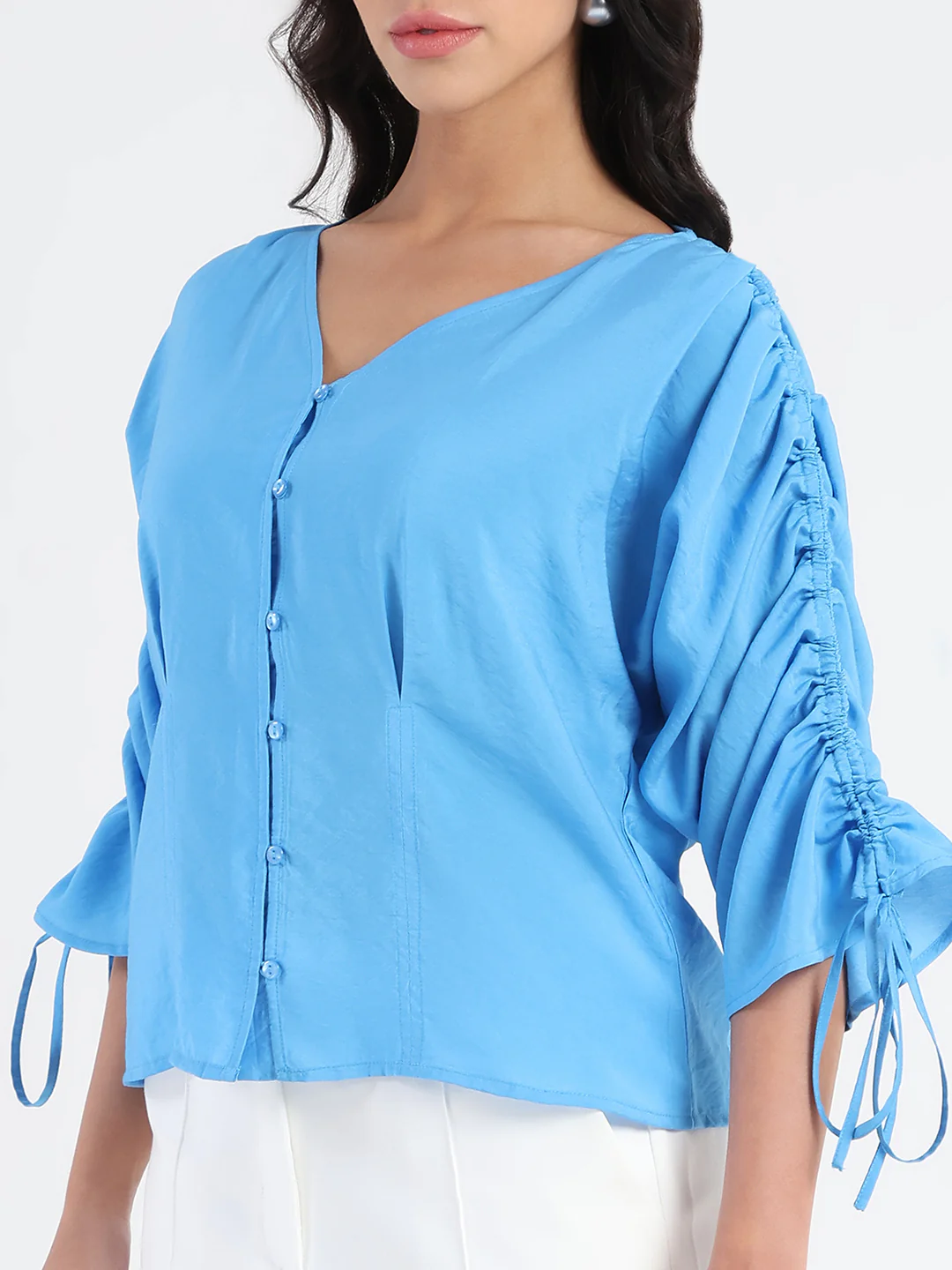 Madame Textured Ruched Sleeve Powder Blue Nylon Blend Top - Image 7
