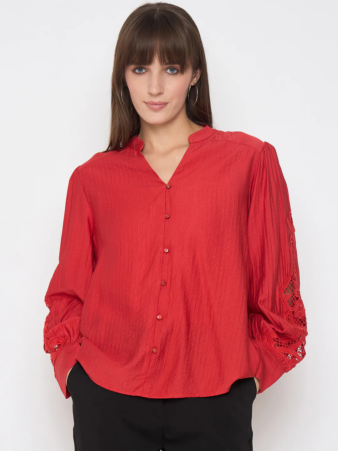 Madame Nylon Buttoned and Patched Red Top - Image 3