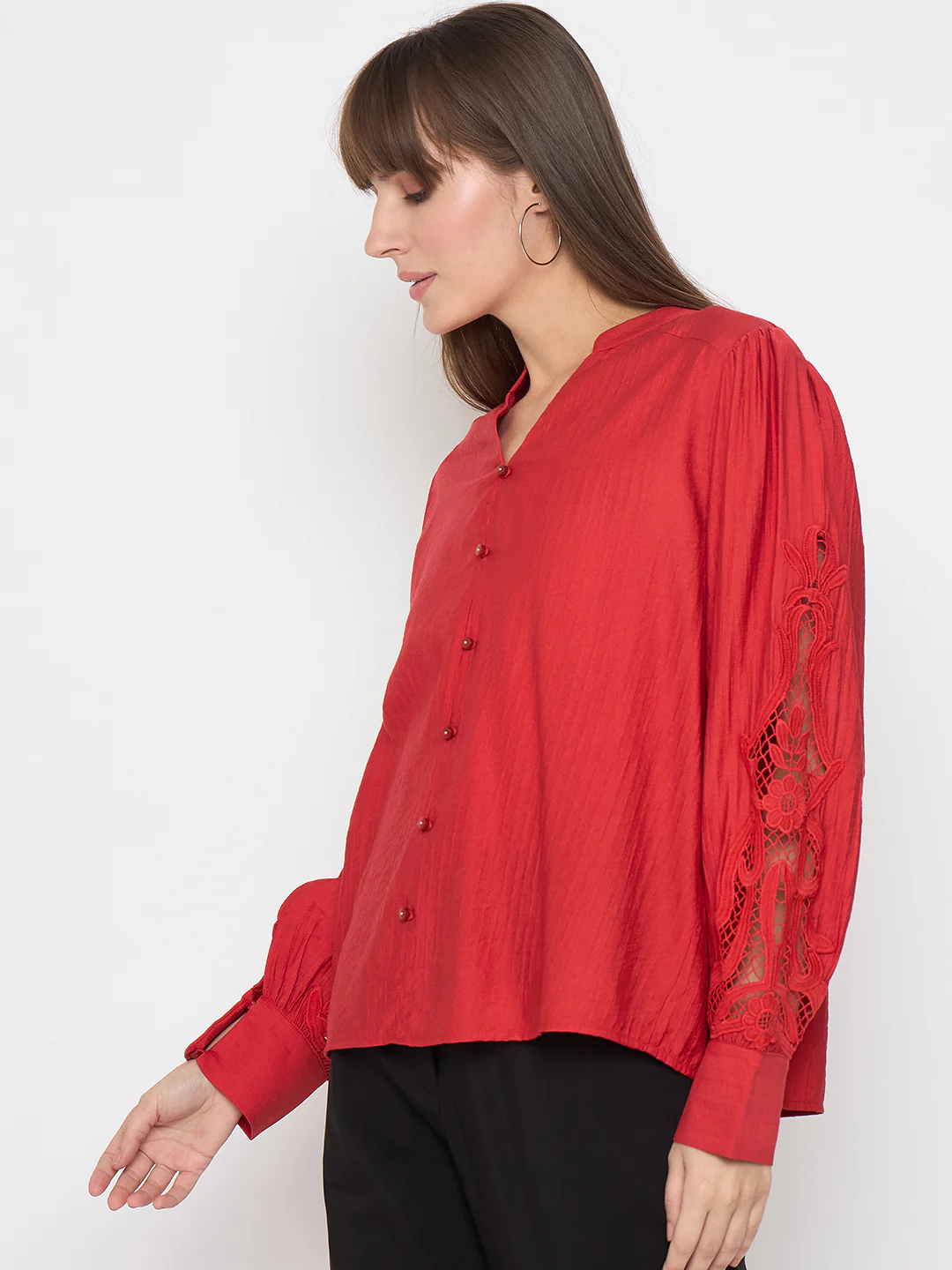 Madame Nylon Buttoned and Patched Red Top - Image 5