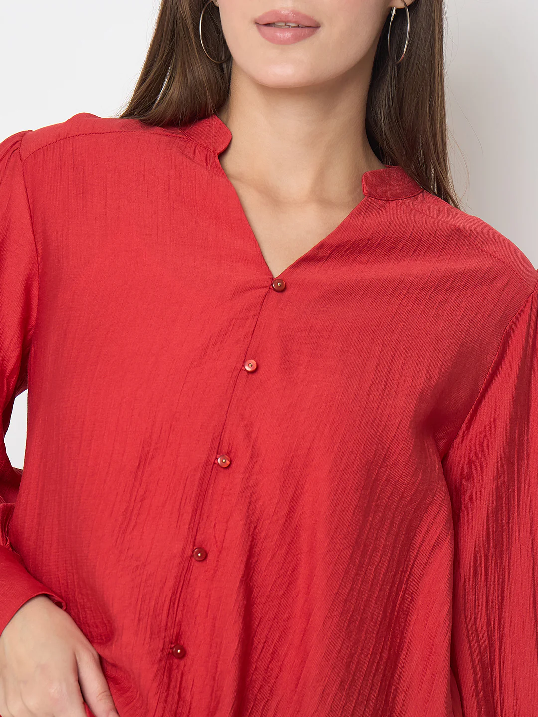 Madame Nylon Buttoned and Patched Red Top - Image 7