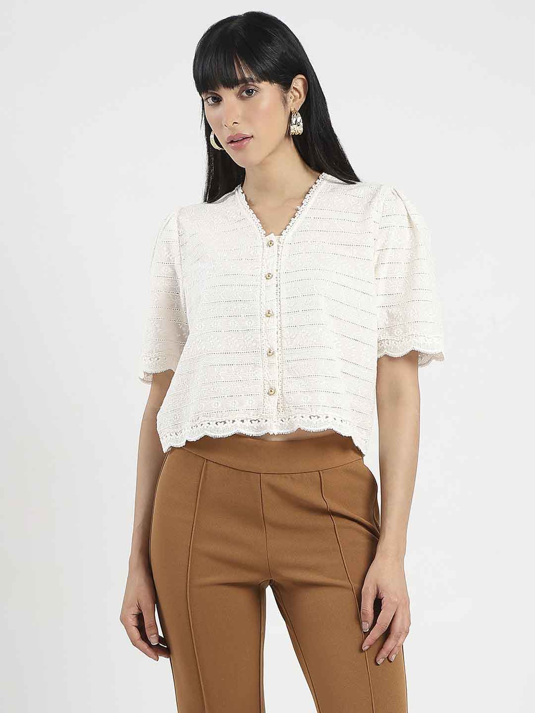 Madame Scalloped Beige Cotton Top