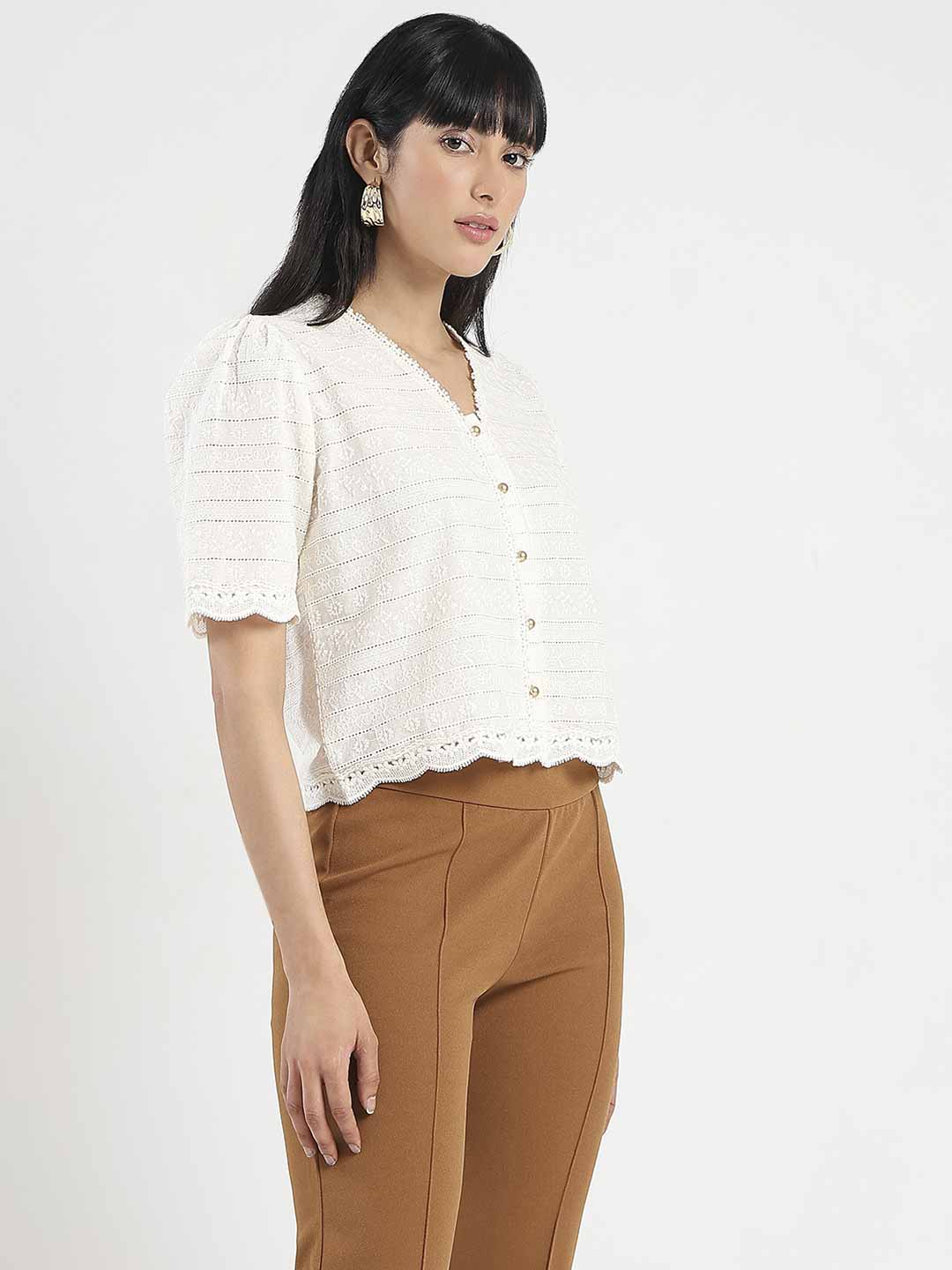 Madame Scalloped Beige Cotton Top - Image 4