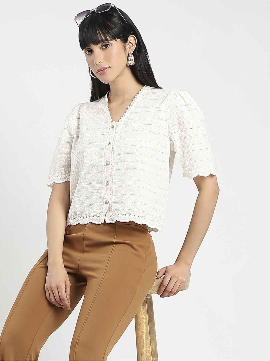 Madame Scalloped Beige Cotton Top - Image 6