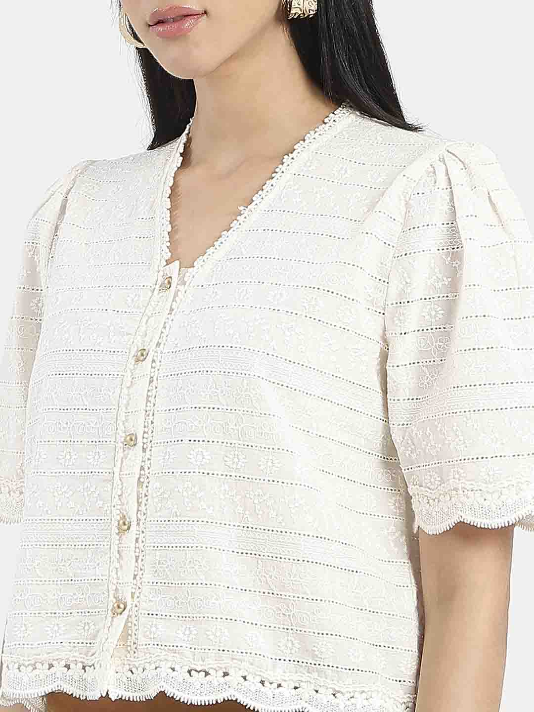 Madame Scalloped Beige Cotton Top - Image 7