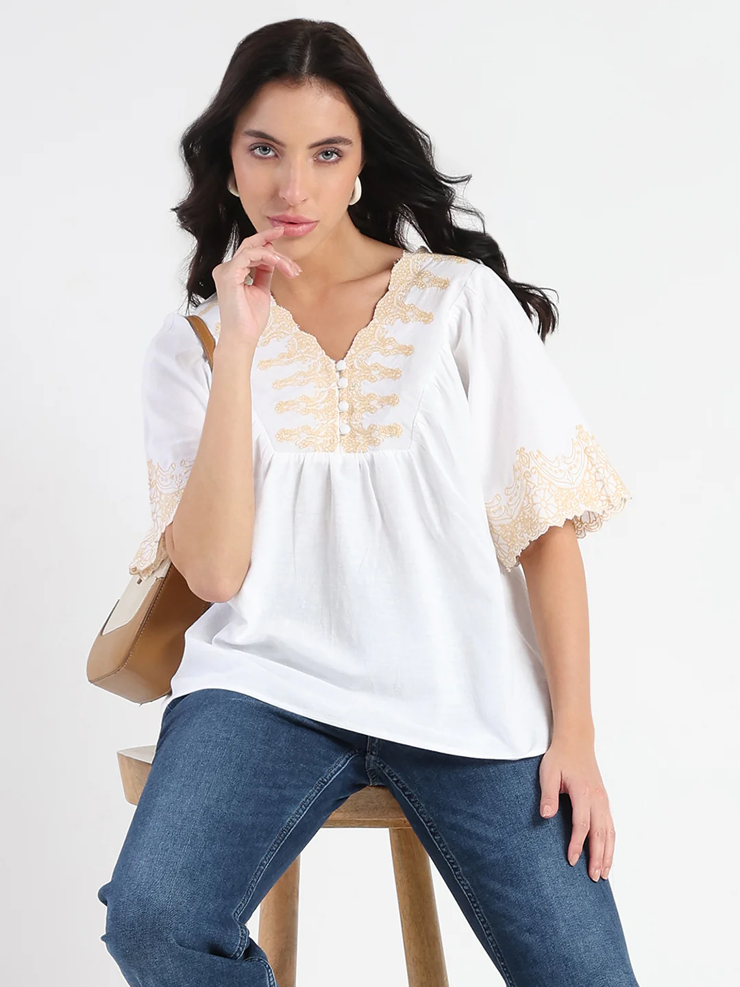Madame Embroidered Detail Off White Viscose Blend Top