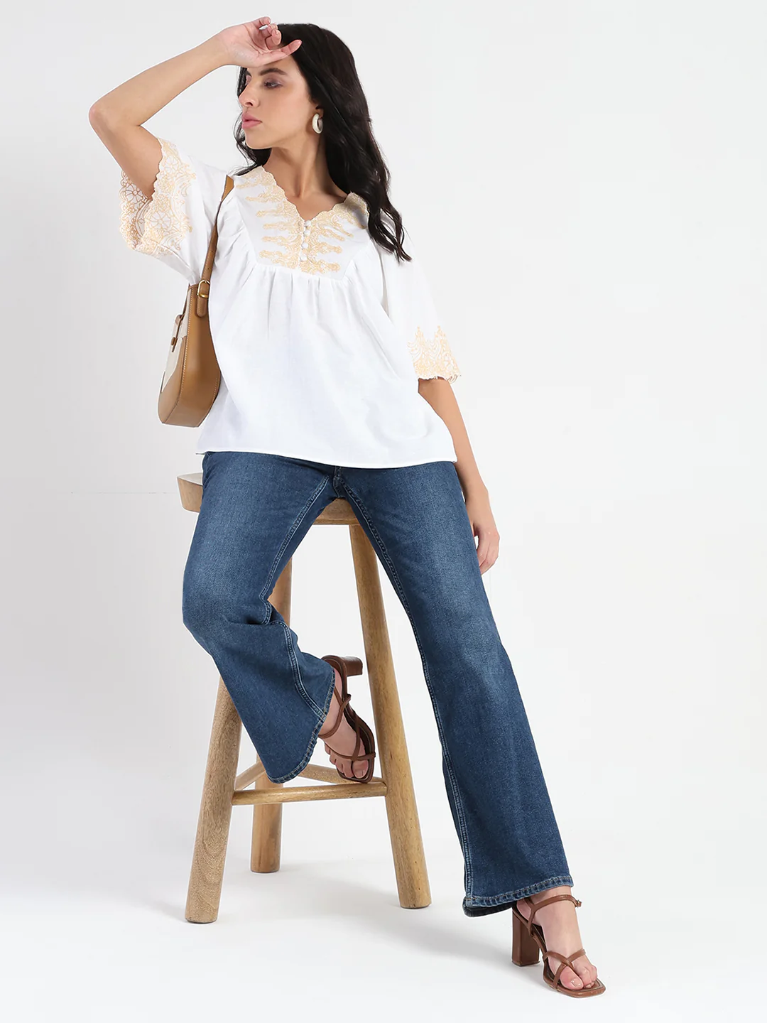 Madame Embroidered Detail Off White Viscose Blend Top - Image 2