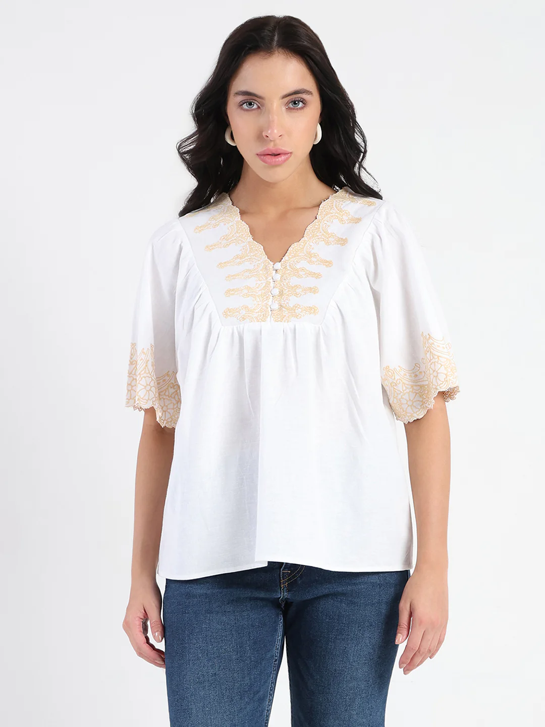 Madame Embroidered Detail Off White Viscose Blend Top - Image 3