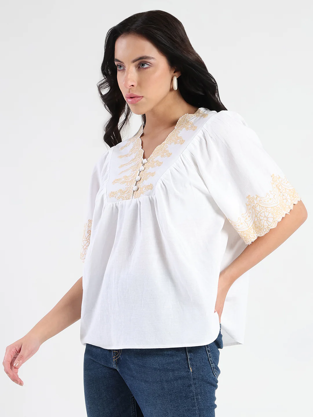 Madame Embroidered Detail Off White Viscose Blend Top - Image 5