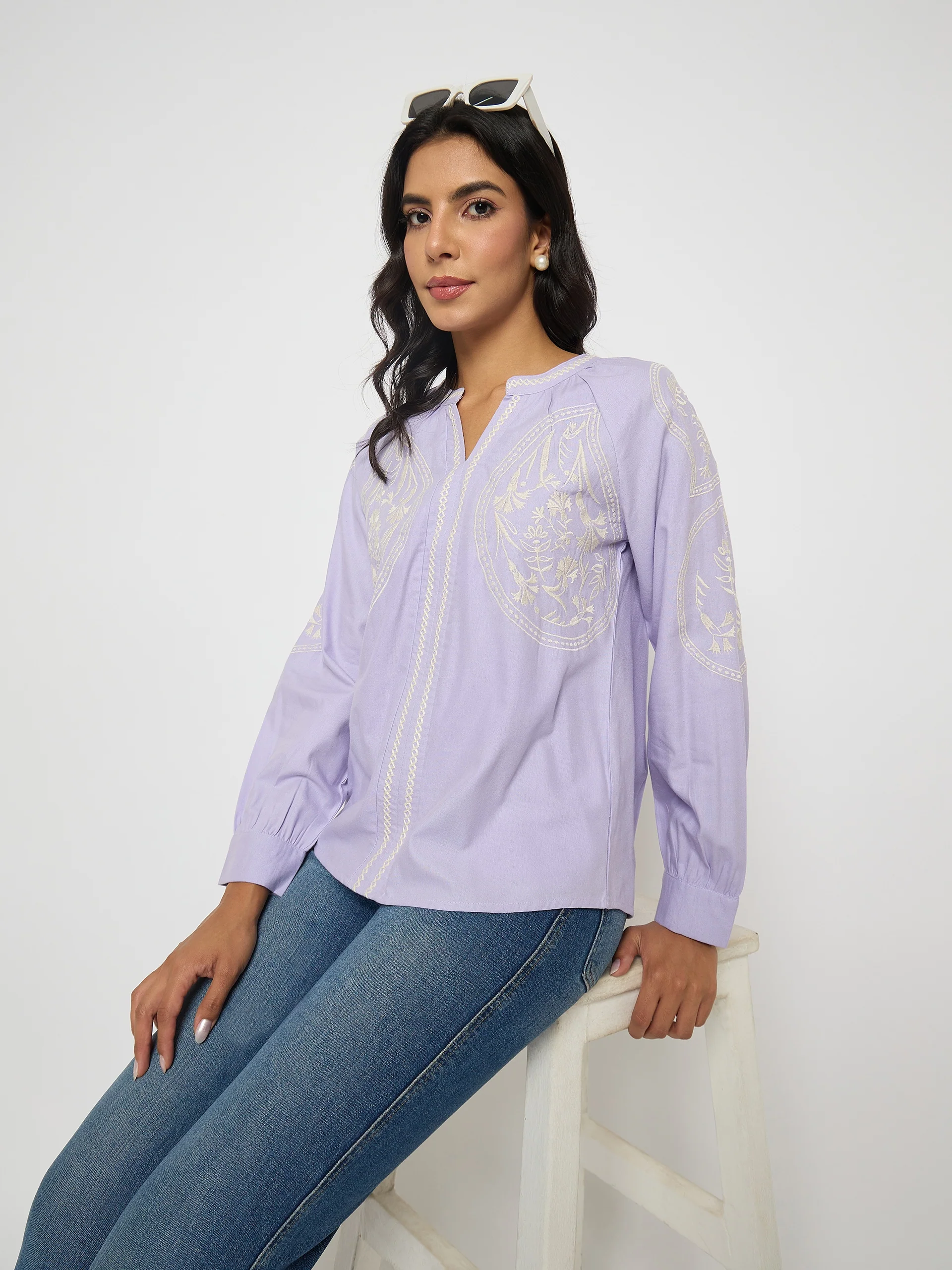 Madame Floral Embroidery Lilac Viscose Blend Top
