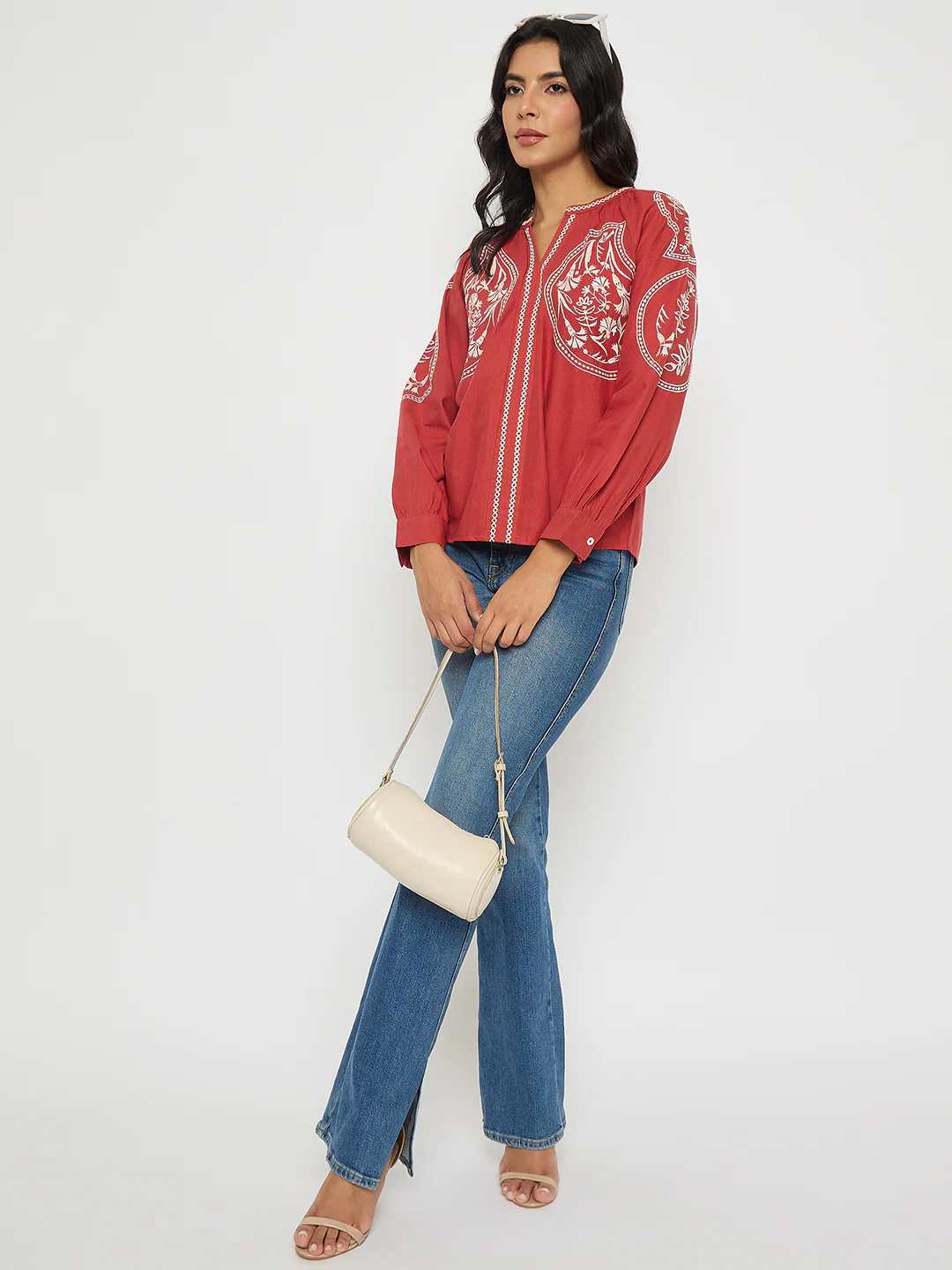Madame Floral Embroidery Red Viscose Blend Top - Image 2