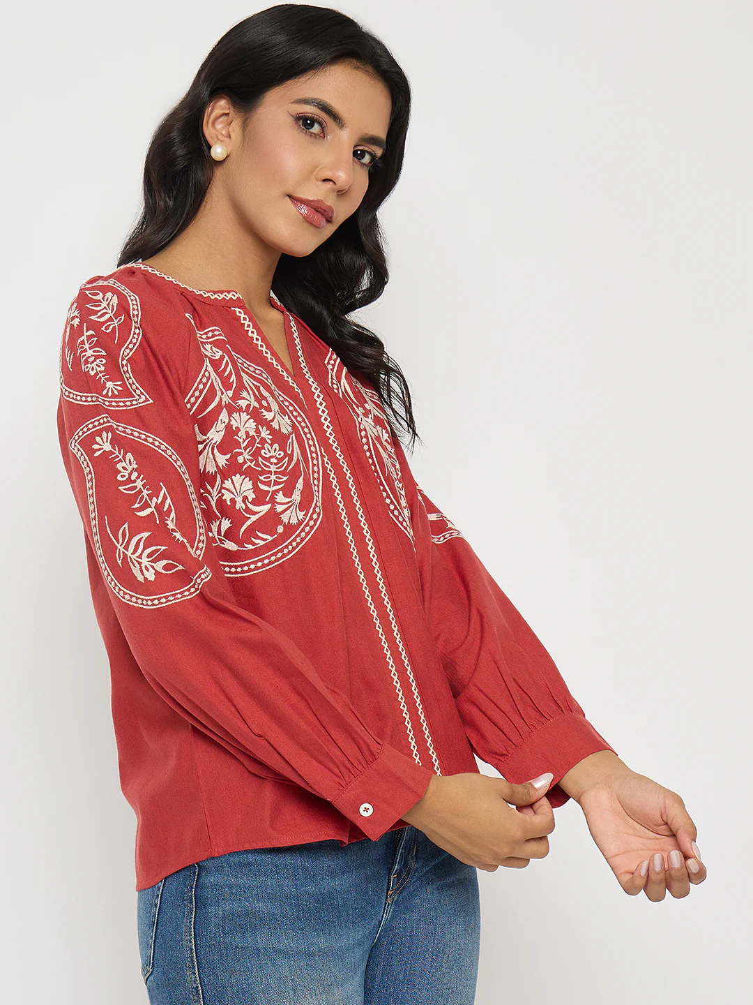 Madame Floral Embroidery Red Viscose Blend Top - Image 4