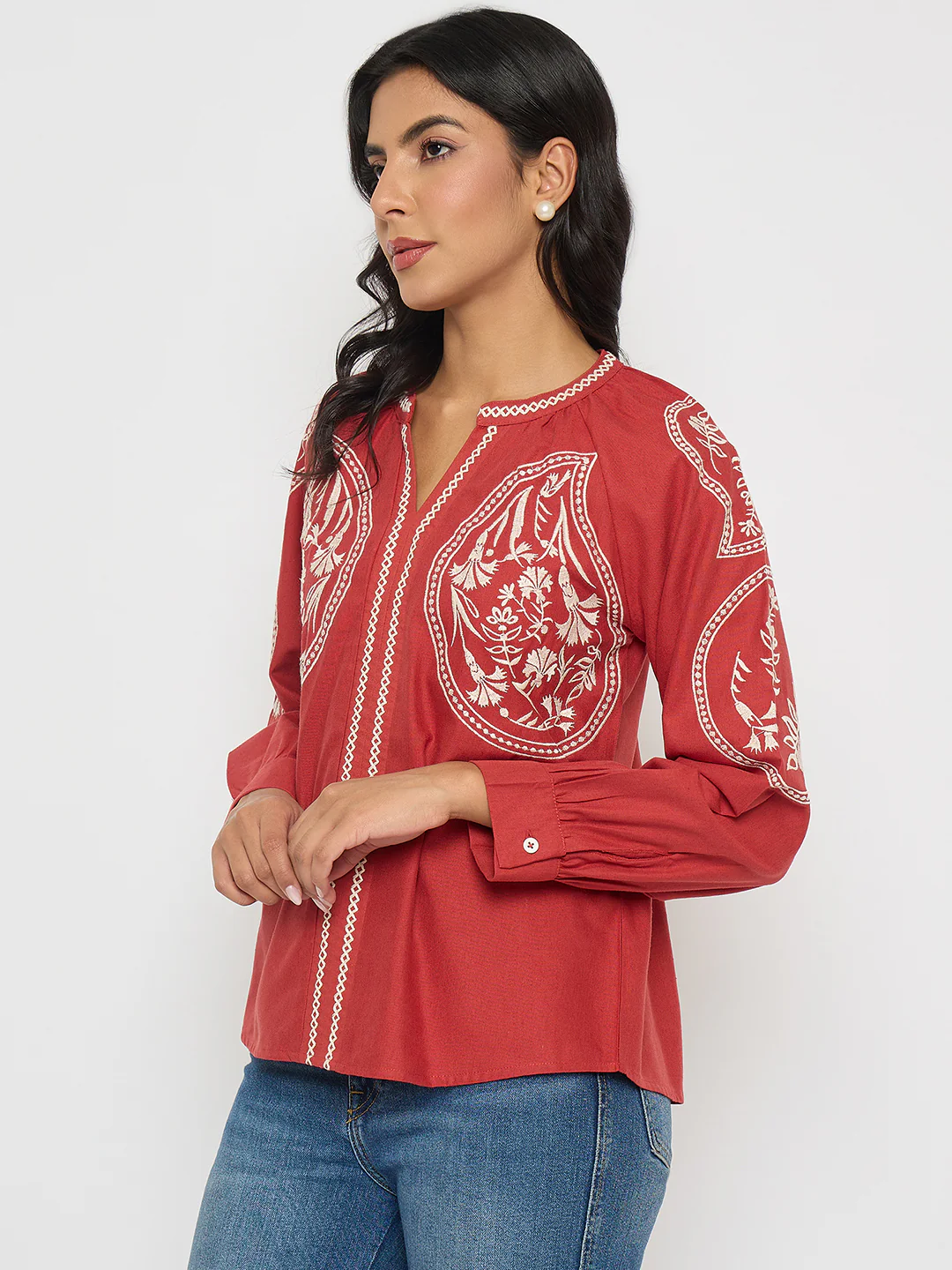 Madame Floral Embroidery Red Viscose Blend Top - Image 5