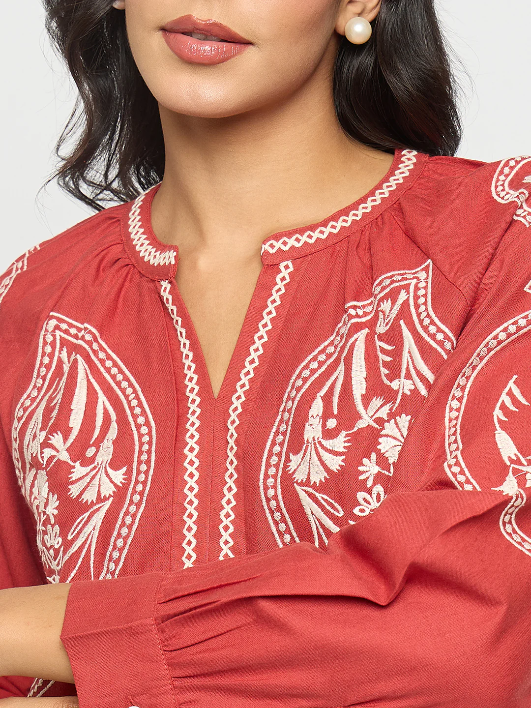 Madame Floral Embroidery Red Viscose Blend Top - Image 7
