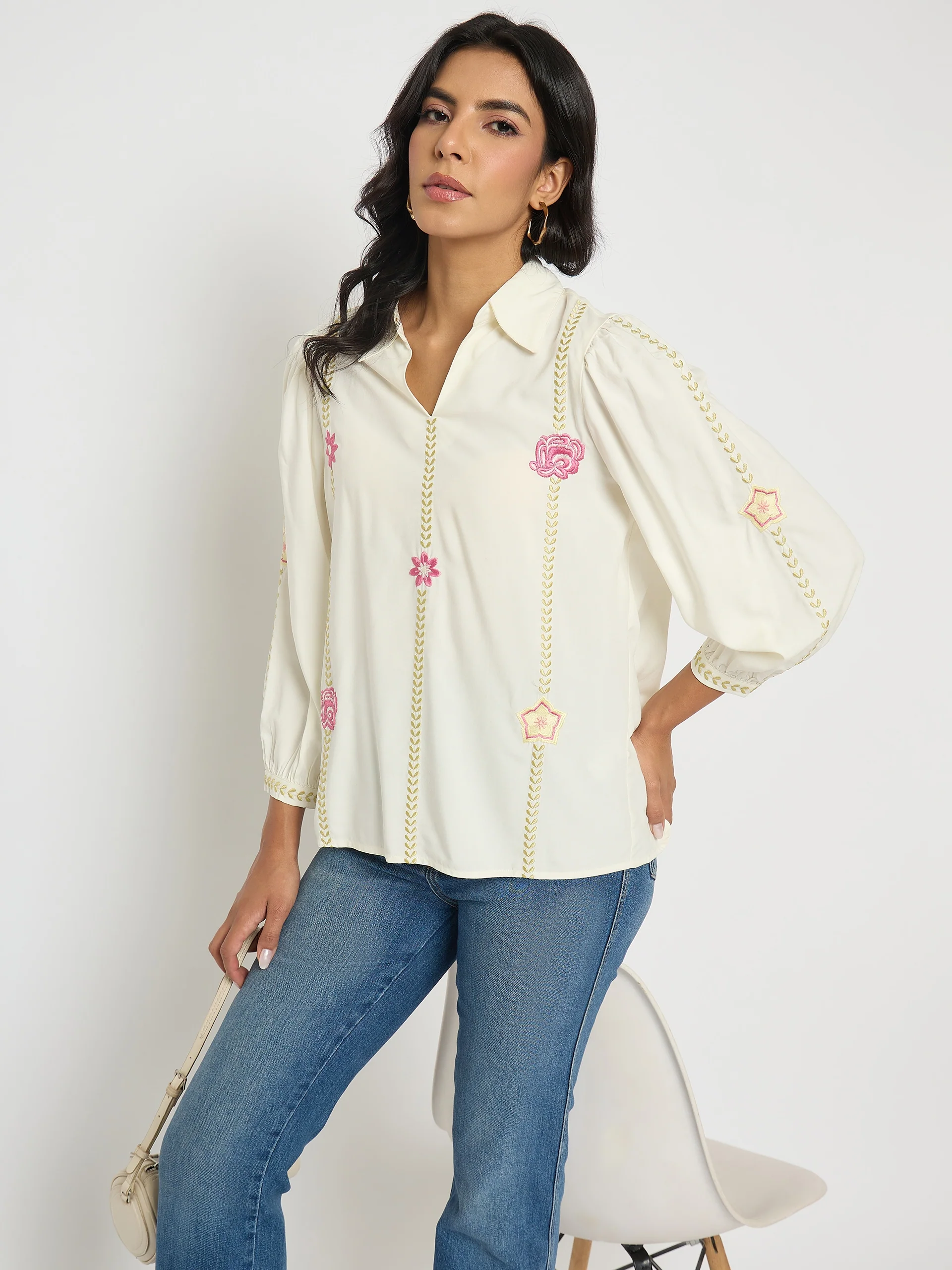 Madame Off White Viscose Blend Floral Embroidered Shirt
