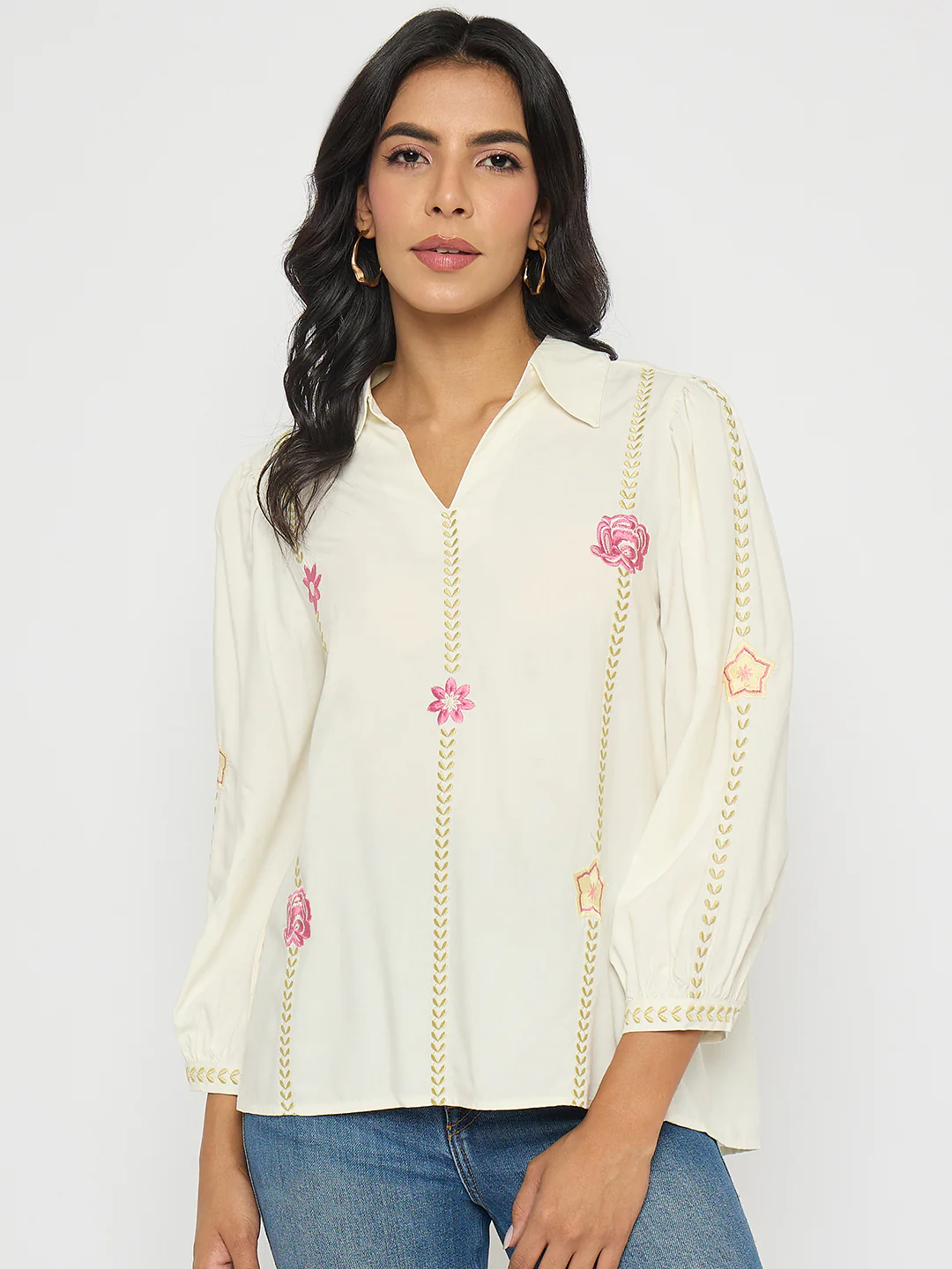 Madame Off White Viscose Blend Floral Embroidered Shirt - Image 3