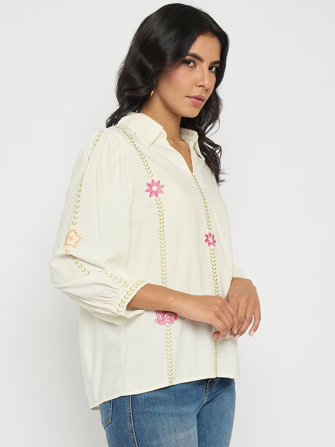 Madame Off White Viscose Blend Floral Embroidered Shirt - Image 4