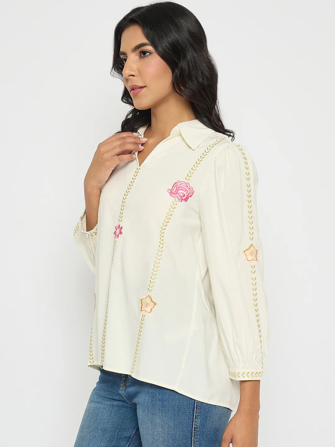 Madame Off White Viscose Blend Floral Embroidered Shirt - Image 5