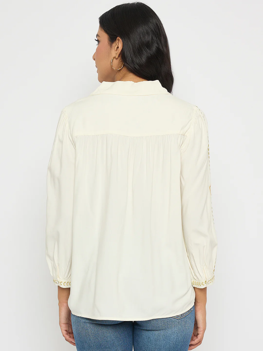 Madame Off White Viscose Blend Floral Embroidered Shirt - Image 6