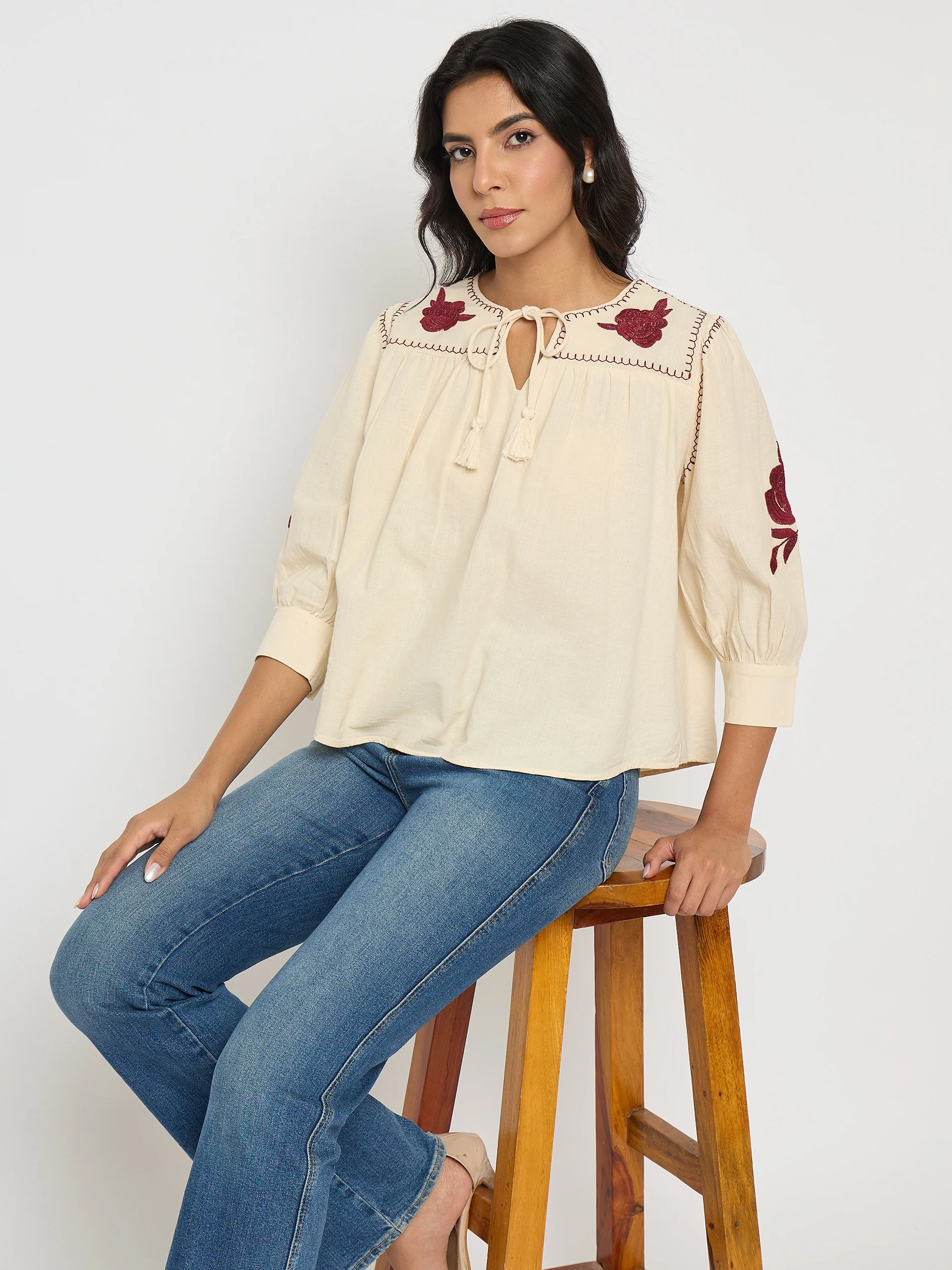 Madame Floral Embroidered Tie Neck Beige Top