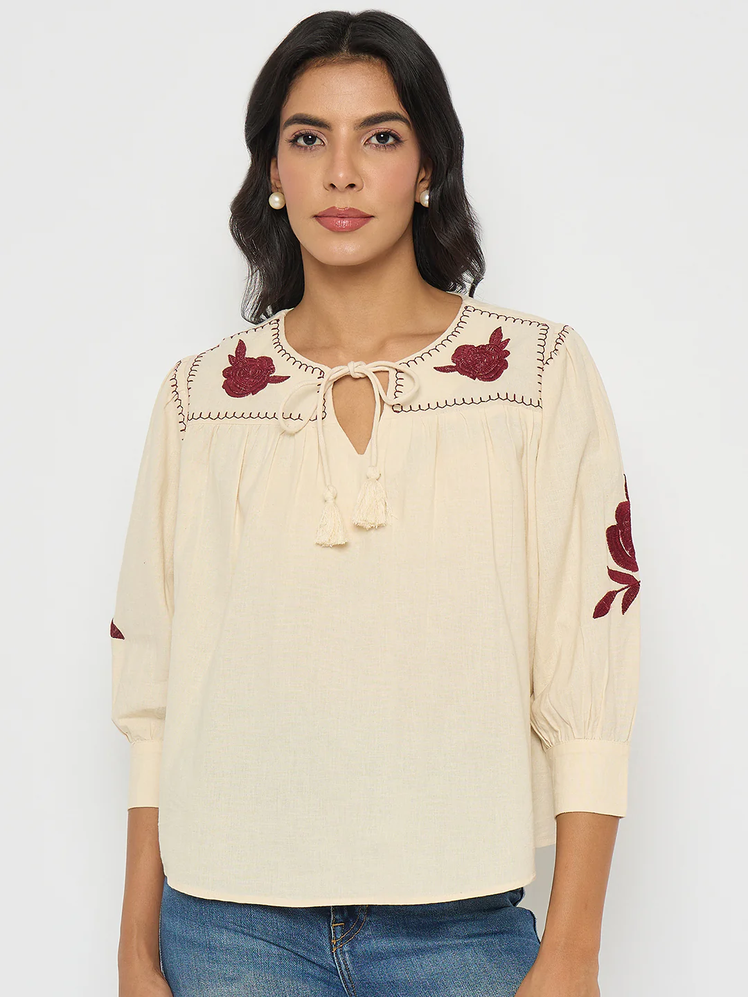 Madame Floral Embroidered Tie Neck Beige Top - Image 3