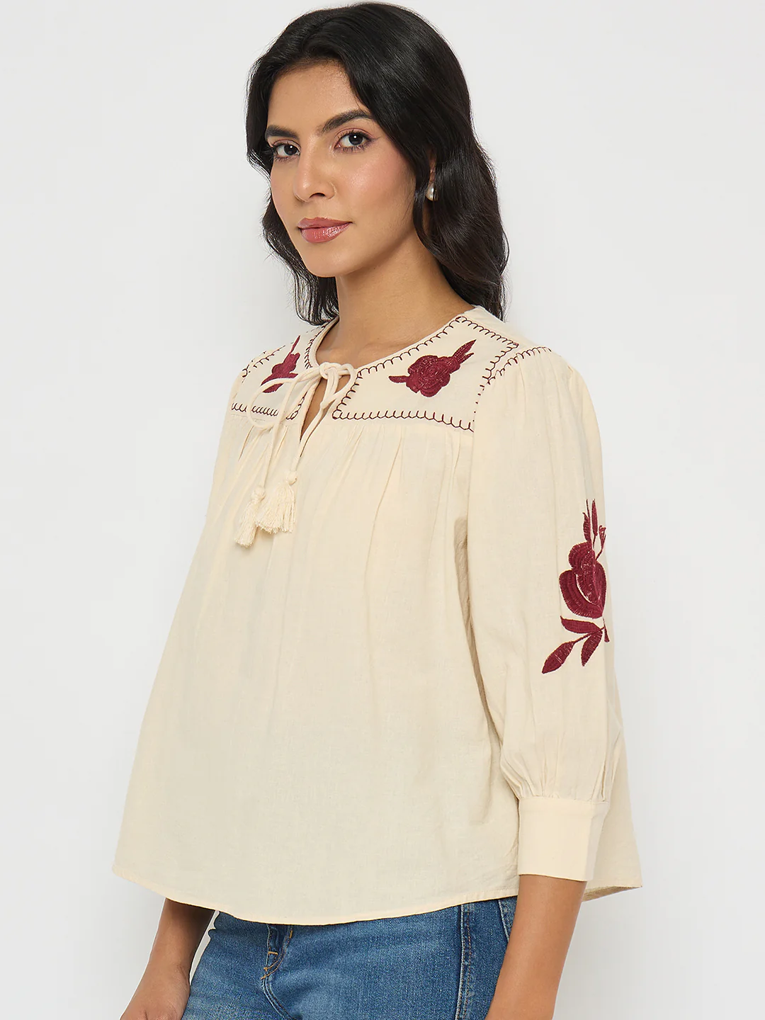 Madame Floral Embroidered Tie Neck Beige Top - Image 5