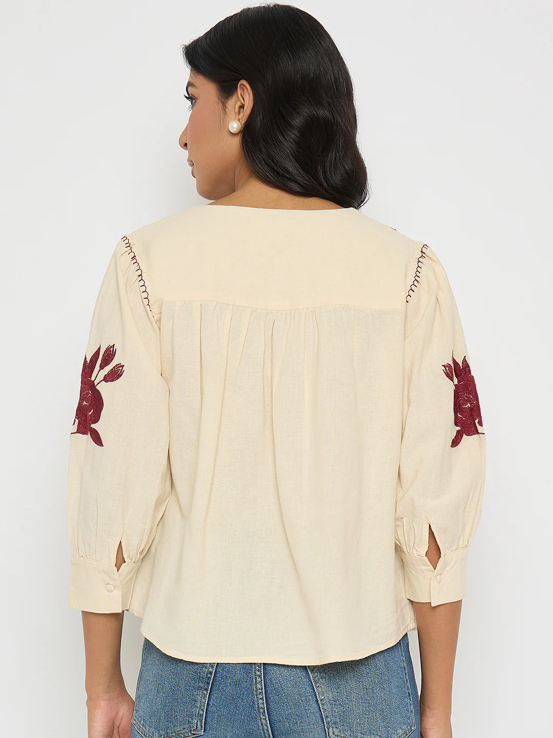 Madame Floral Embroidered Tie Neck Beige Top - Image 6