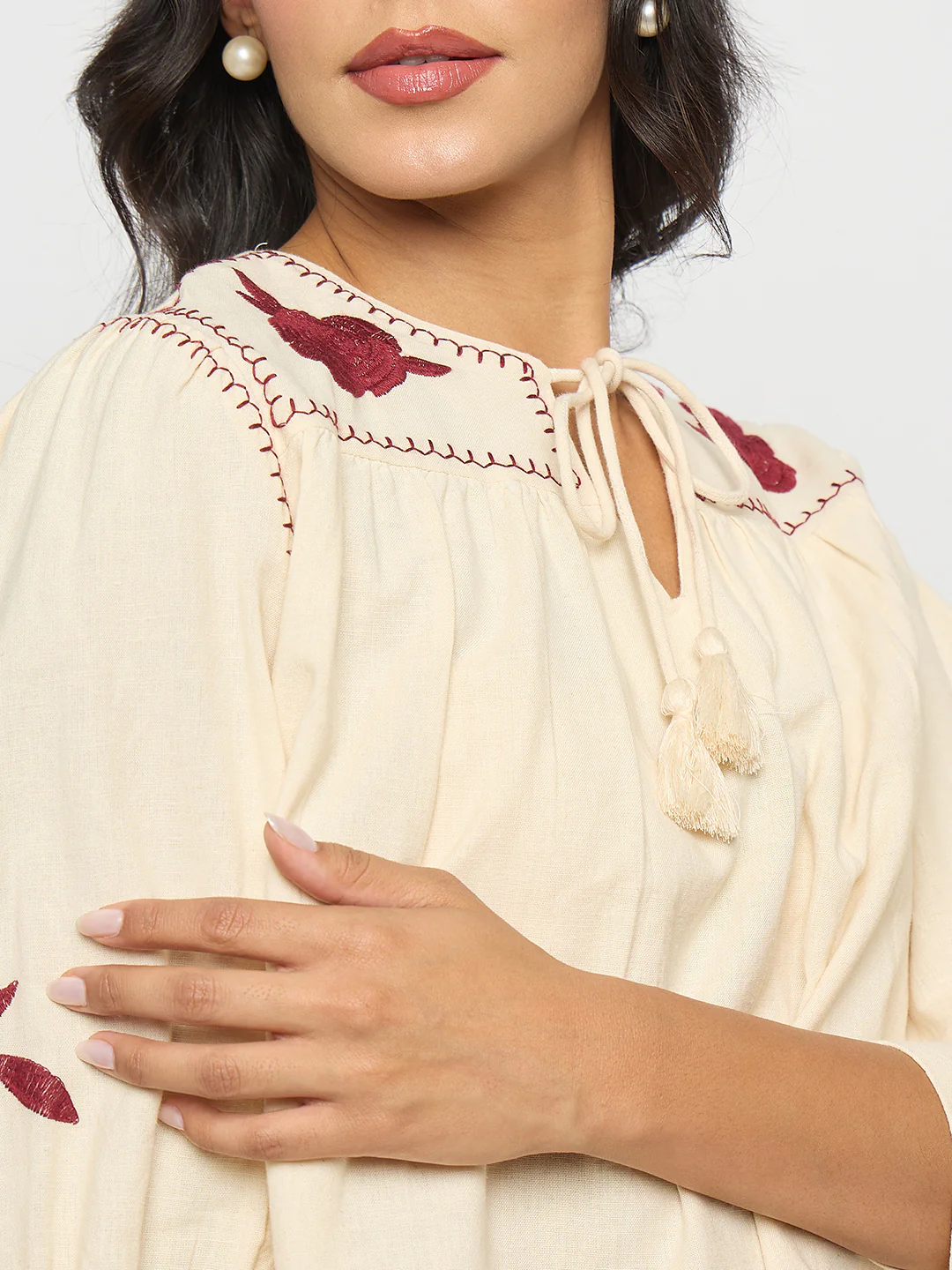 Madame Floral Embroidered Tie Neck Beige Top - Image 7