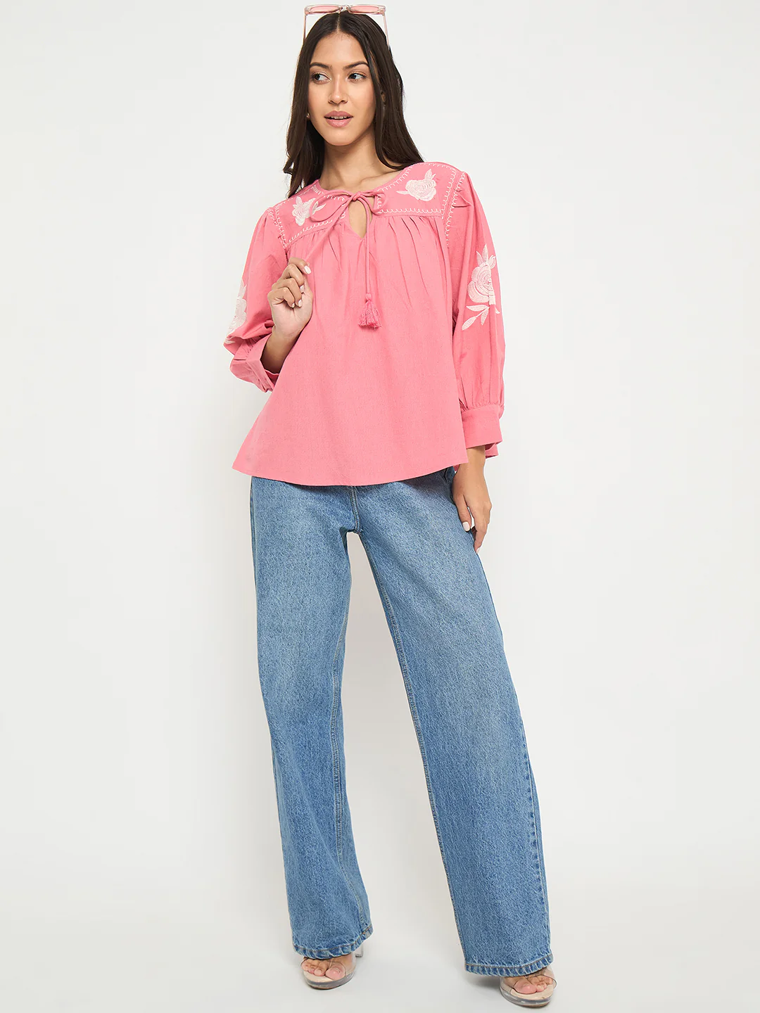Madame Tie Neck Floral Embroidery Coral Top - Image 2