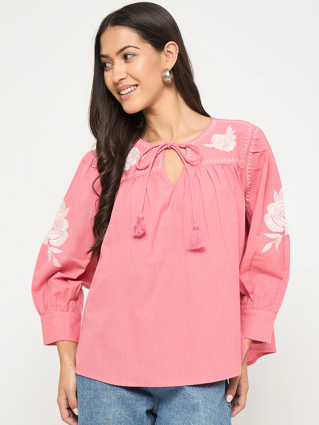 Madame Tie Neck Floral Embroidery Coral Top - Image 3