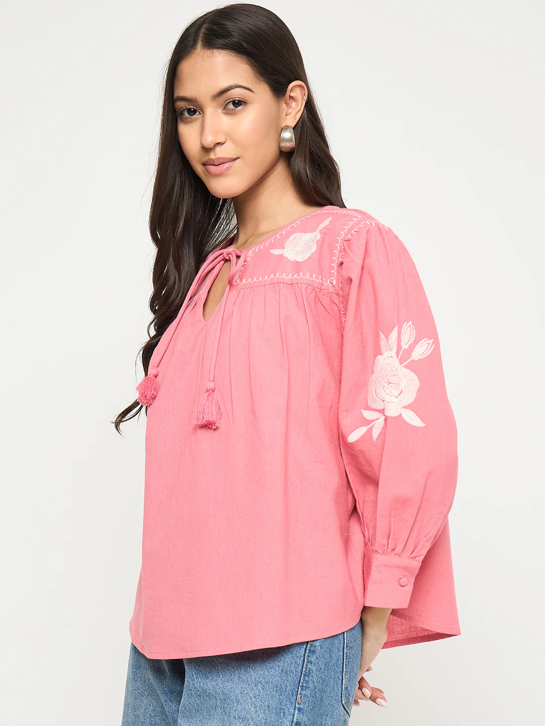 Madame Tie Neck Floral Embroidery Coral Top - Image 4