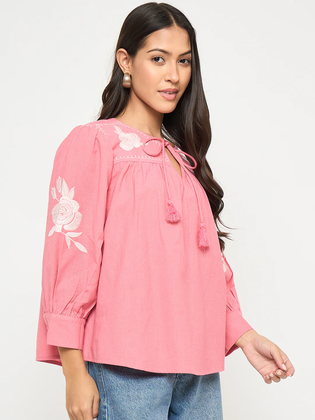 Madame Tie Neck Floral Embroidery Coral Top - Image 5
