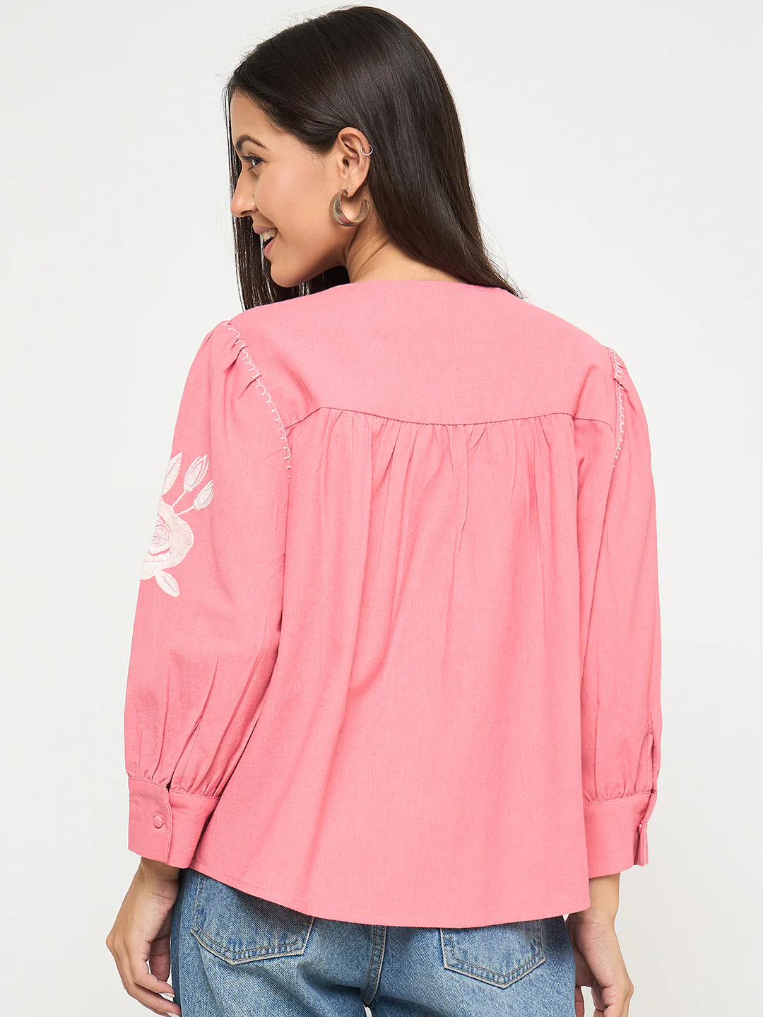 Madame Tie Neck Floral Embroidery Coral Top - Image 6