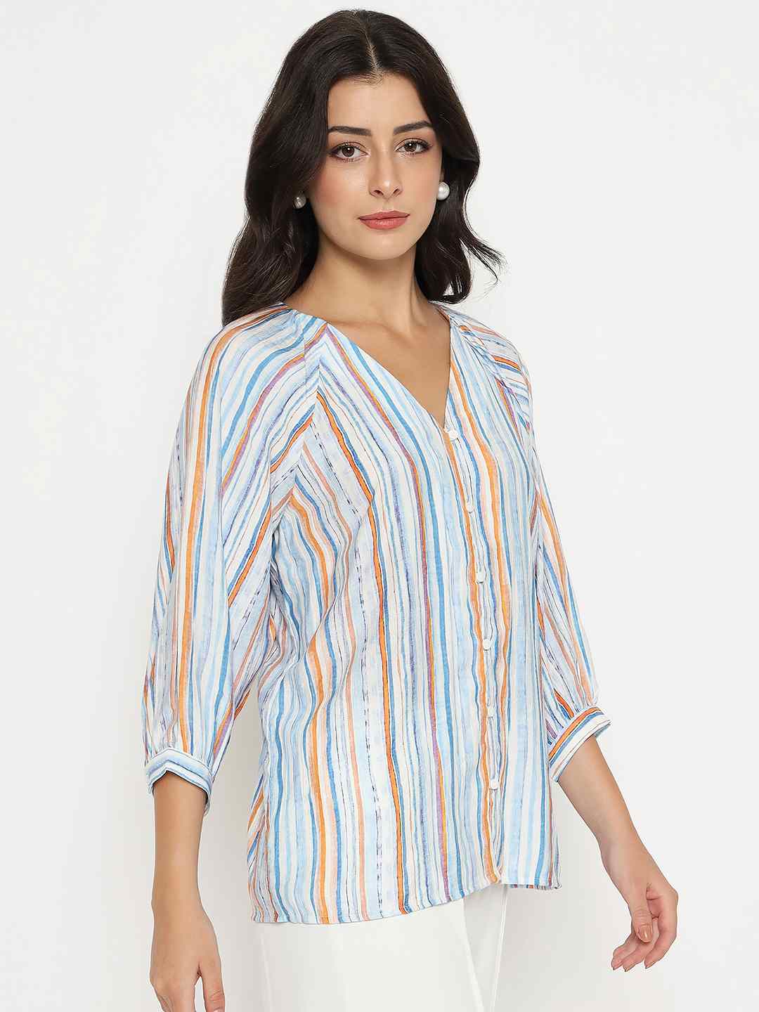 Madame Striped Rayon Blend Blue Top - Image 4