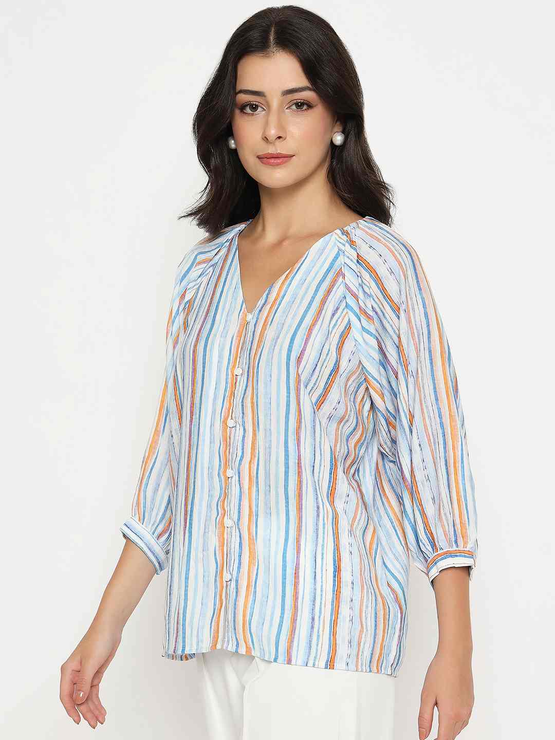 Madame Striped Rayon Blend Blue Top - Image 5