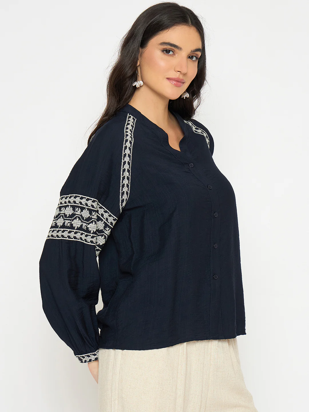 Madame Embroidered Navy Blue Rayon Blend Top - Image 4