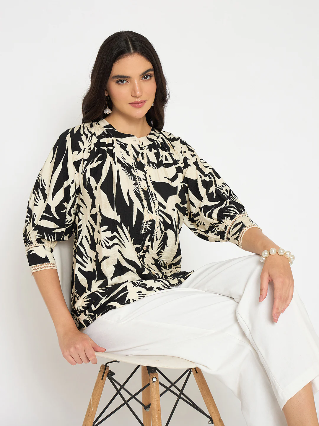 Madame Botanical Print Black Rayon Blend Top