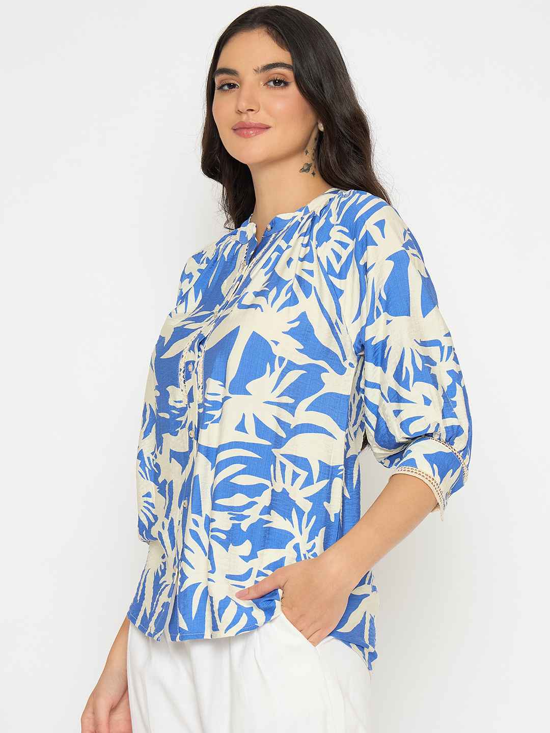Madame Botanical Print Royal Blue Rayon Blend Top - Image 5