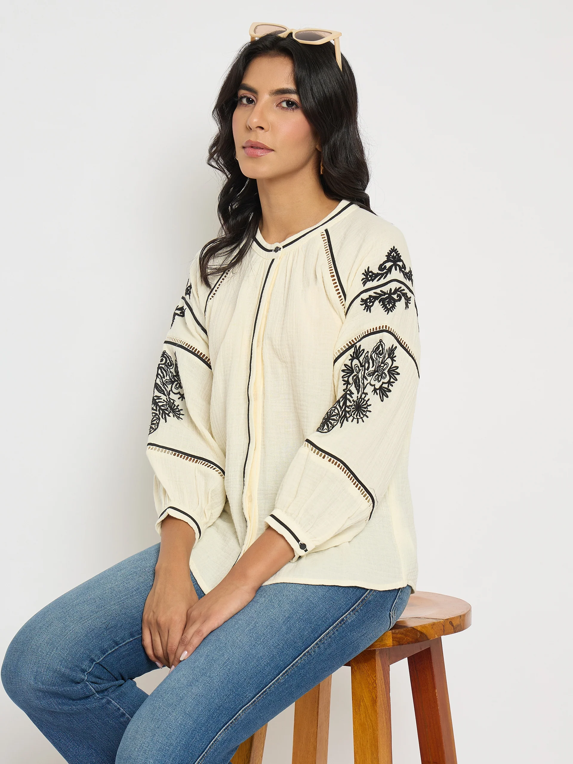 Madame Embroidered Pleat Detailing Off White Cotton Top